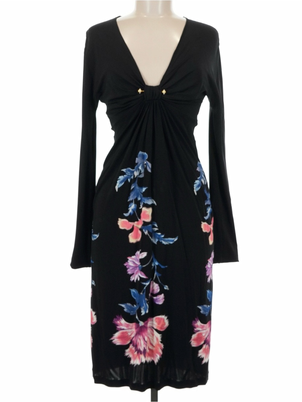 Roberto Cavalli Black Floral V-Neck Long Sleeve Midi Dress Size 44